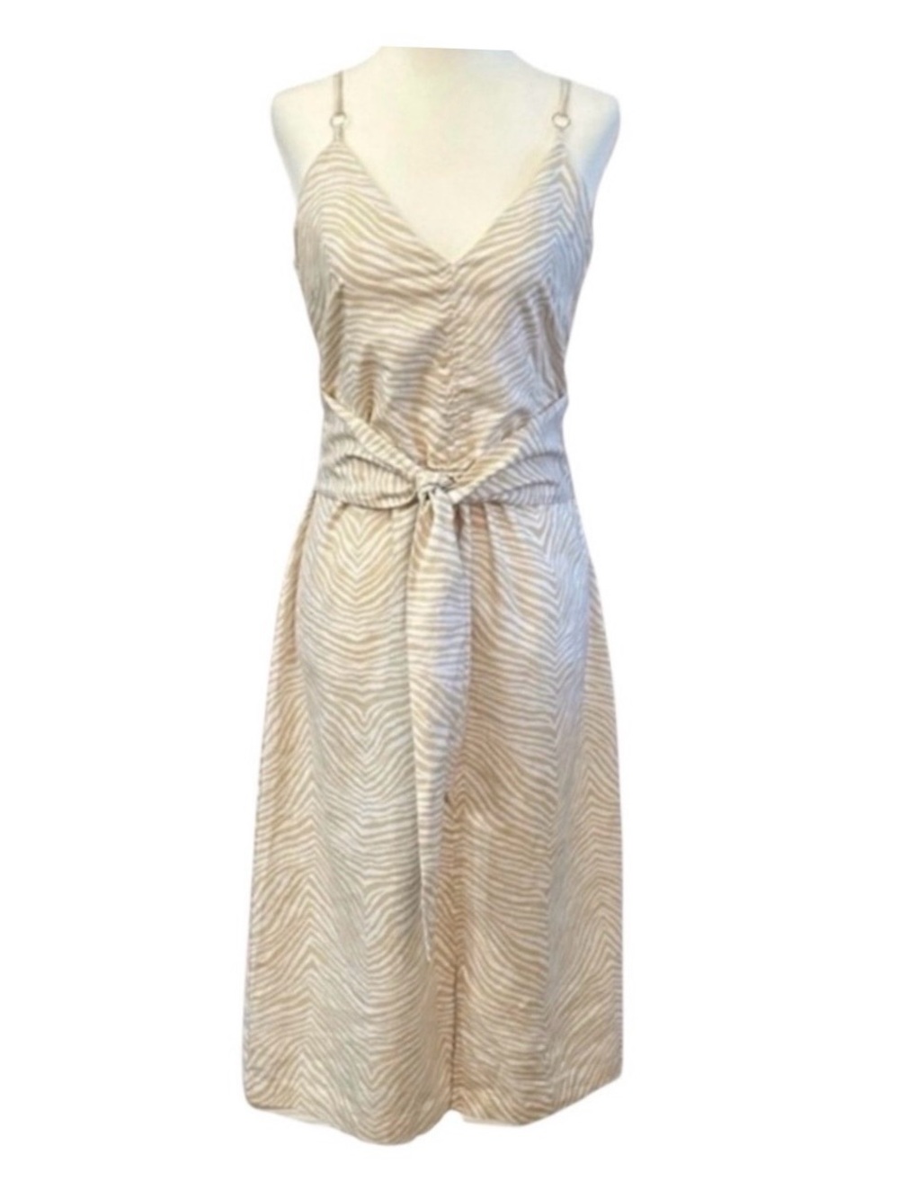 Saks Fifth Avenue Dress Medium Tan Cream Animal Print Linen Cotton Blend A-Line